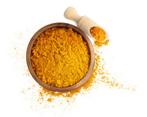Turmeric powder isolated on white, top view. Aromatic spice