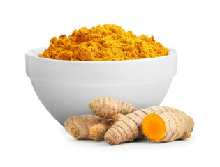 Turmeric powder in bowl and fresh root isolated on white