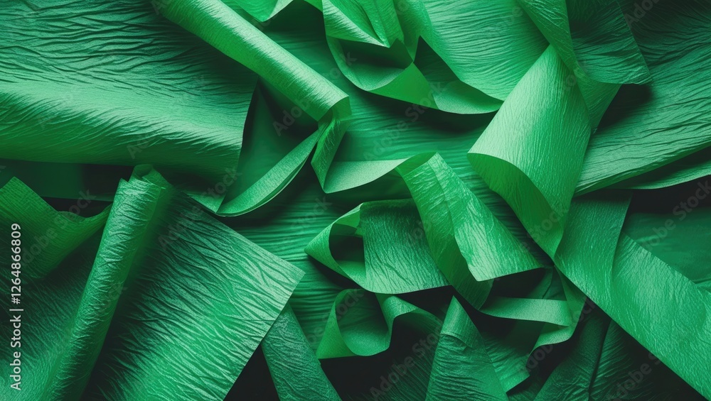Poster textured green paper in layers with varying shades and creases for abstract or background use copy s