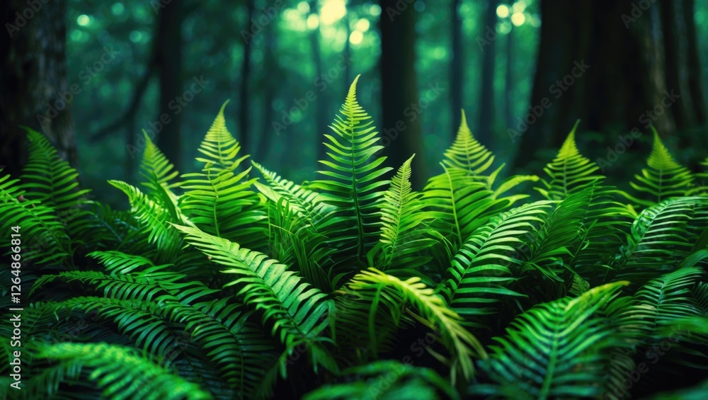 Aufkleber lush green ferns in a dense forest with soft natural light and blurred trees in the background copy 