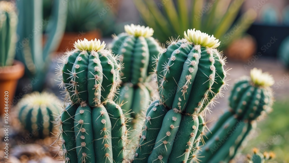 Poster close-up of flowering cacti in a garden setting with blurred background and copy space for text plac