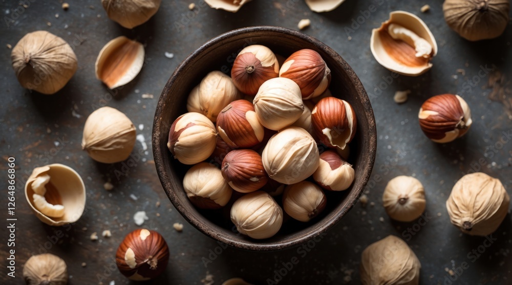 Poster bowl of assorted hazelnuts and their shells on rustic table with scattered nutshells and copy space 