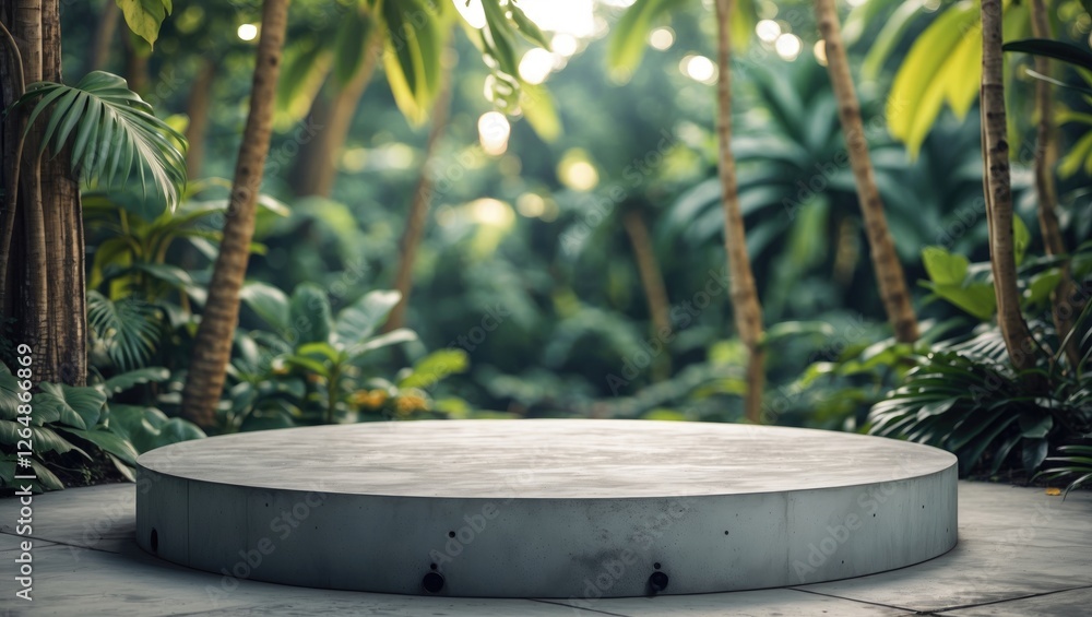 Poster concrete circular podium surrounded by lush tropical greenery with blurred background and ample copy