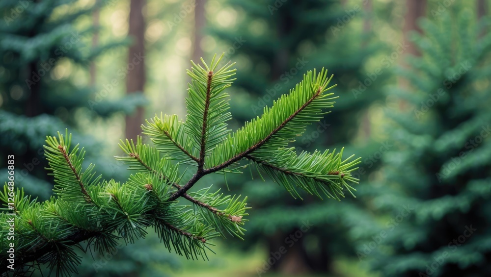 Aufkleber close-up of evergreen tree branch with lush green needles in natural forest background with blurred 