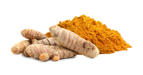 Turmeric powder and fresh root isolated on white