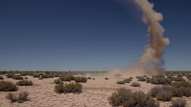 Dust devil forms in arid landscape showcasing nature's powerful forces under a clear blue sky