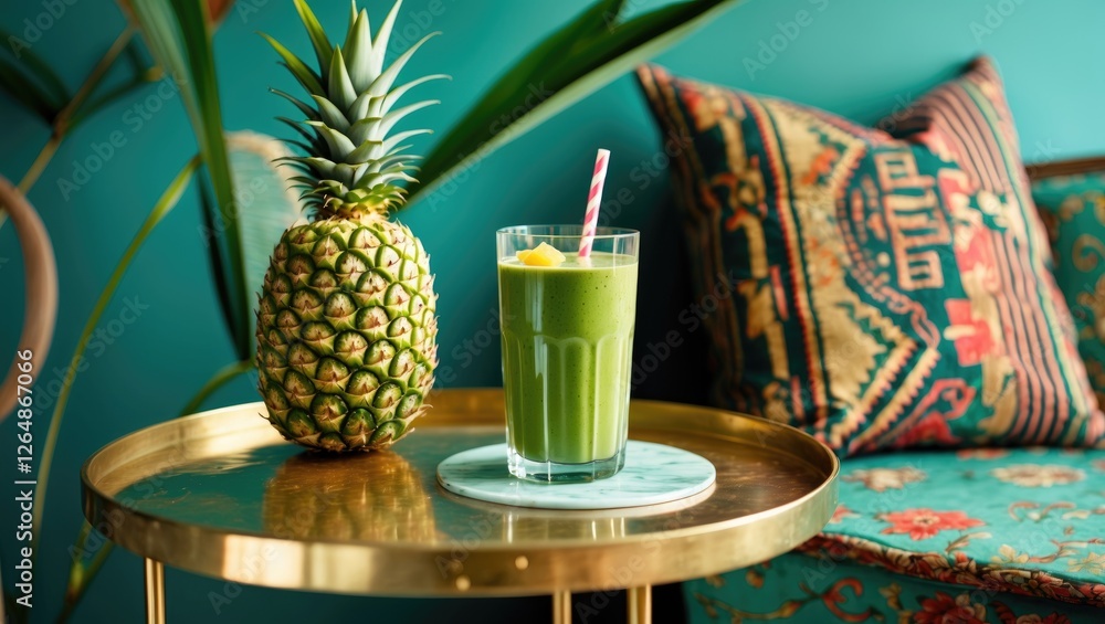Poster refreshing green smoothie in glass with pineapple on table against vibrant teal background and patte