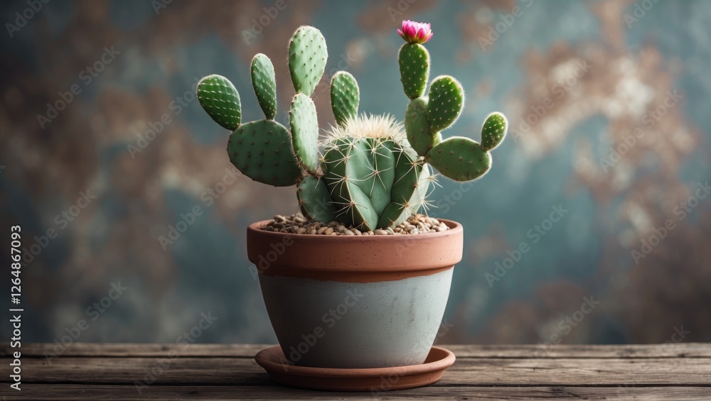Aufkleber potted cactus with multiple pads and pink flower on wooden table against textured background with co