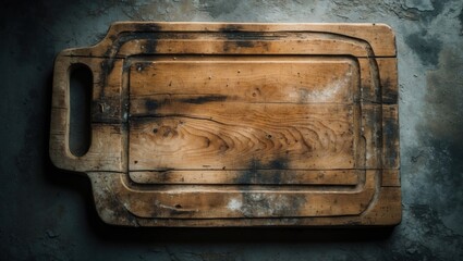Obraz premium Old wooden cutting board with stains and scratches on a textured dark background Copy Space