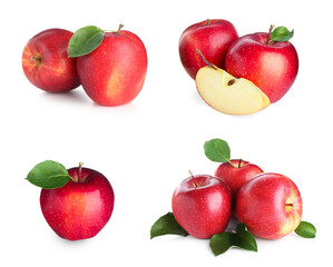 Fresh red apples isolated on white, set