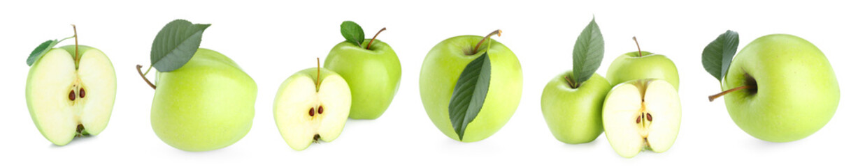 Fresh green apples isolated on white, set