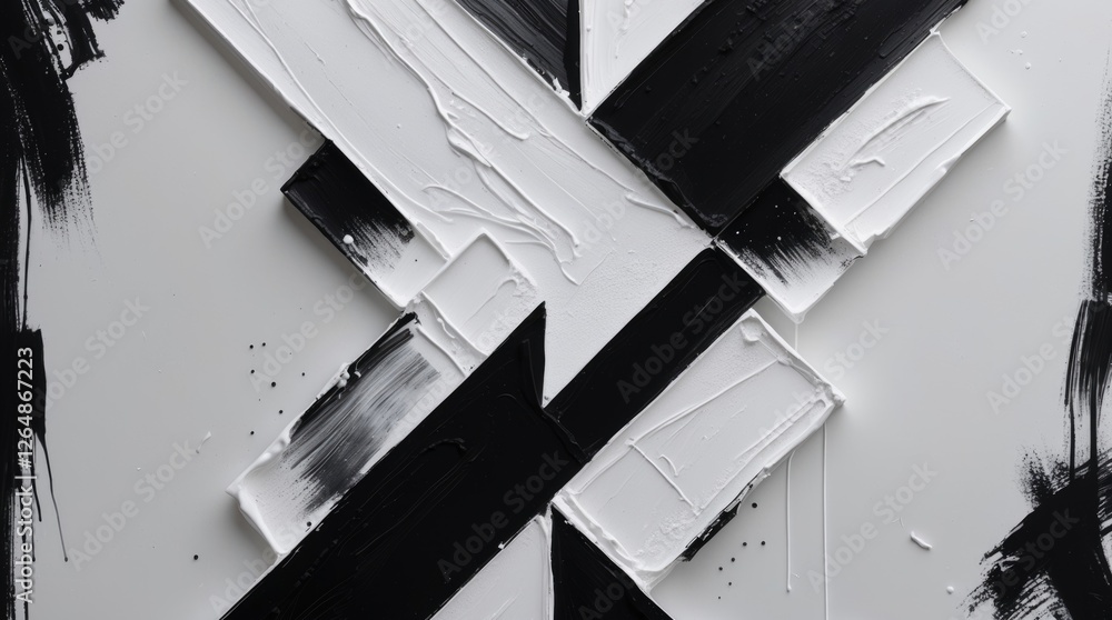 Poster abstract monochrome painting with black and white rectangular shapes and textured strokes on a canva