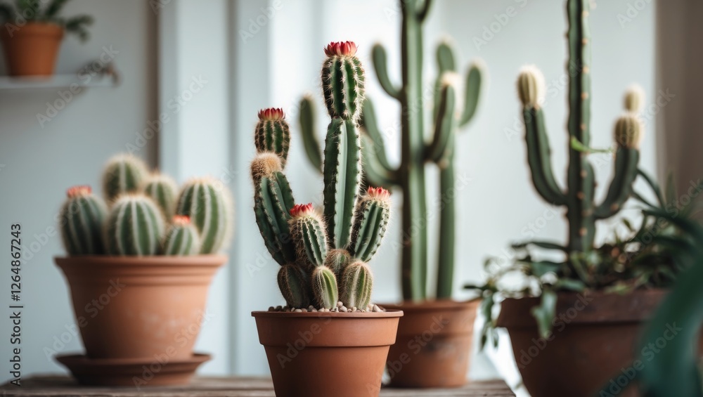 Poster assorted cacti in terracotta pots on a wooden table with natural light and copy space for text