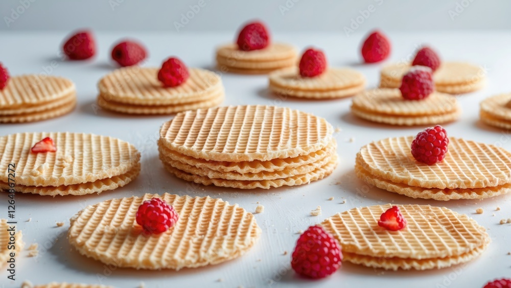 Poster stacked waffle cookies with fresh raspberries on a light background arranged artistically with copy 
