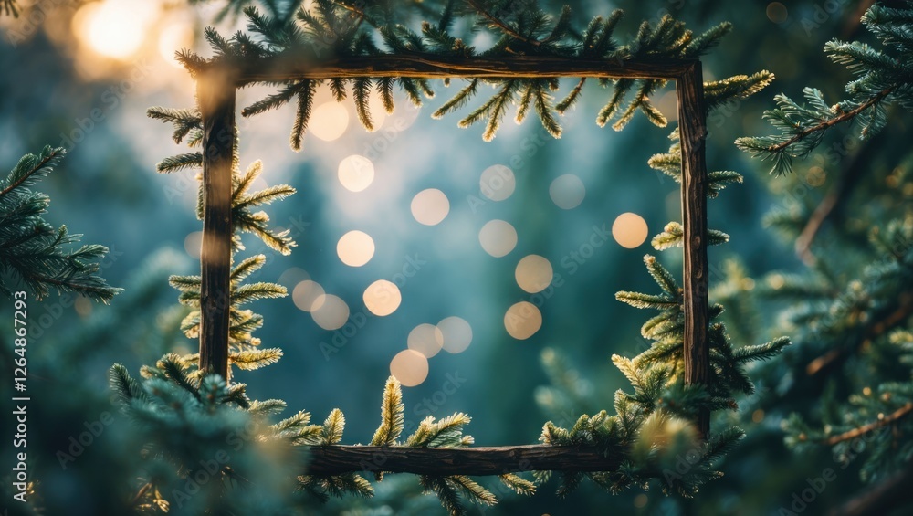 Poster decorative frame made of pine branches with bokeh background of soft glowing lights and natural gree