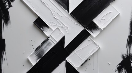 Abstract monochrome painting with black and white rectangular shapes and textured strokes on a canvas, suitable for modern decor. Copy Space