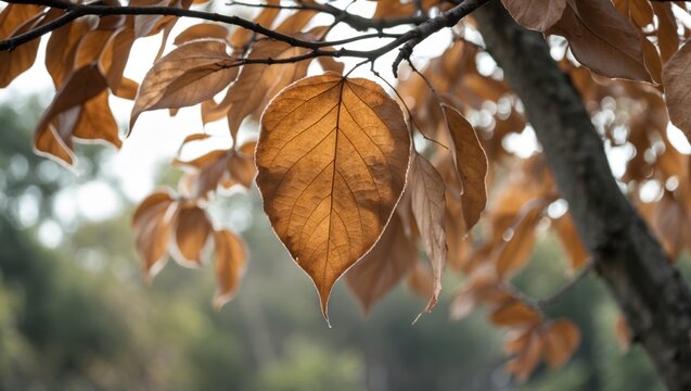 Close-up of dried autumn leaves on a tree branch with blurred background and soft natural light Copy Space