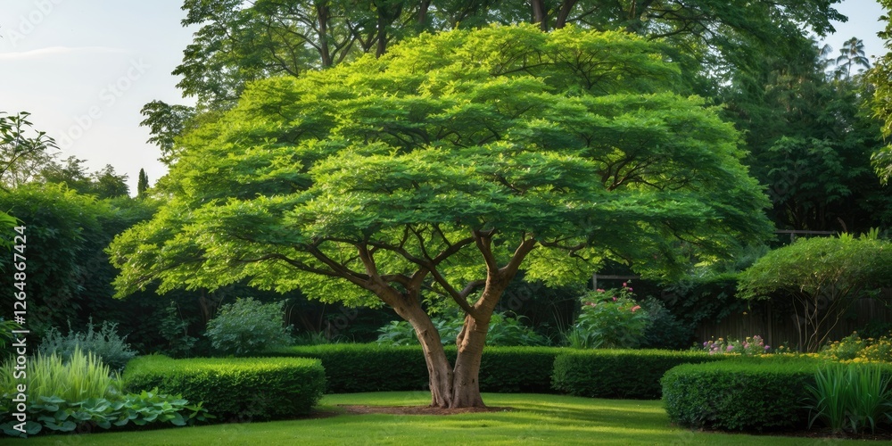 Poster lush green tree surrounded by well-maintained hedges in a garden landscape with ample copy space for