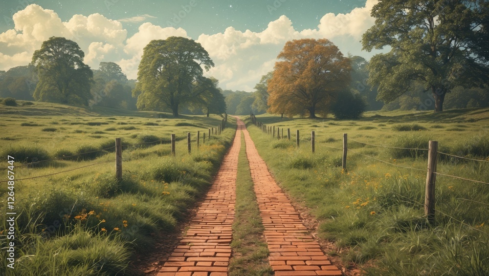 Poster scenic view of a winding brick path leading through a lush green field with trees under a blue sky a