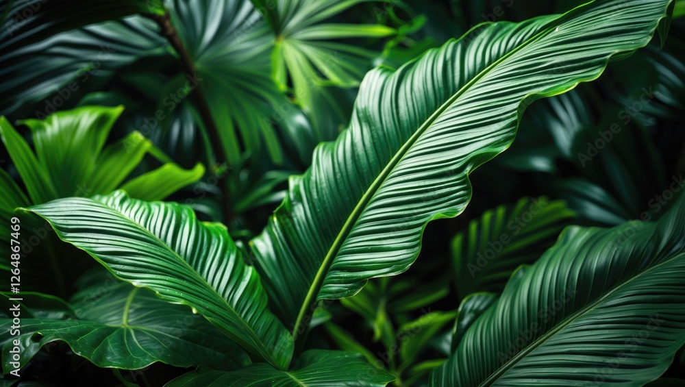 Poster tropical green leaves with intricate textures and patterns in a dense foliage background copy space