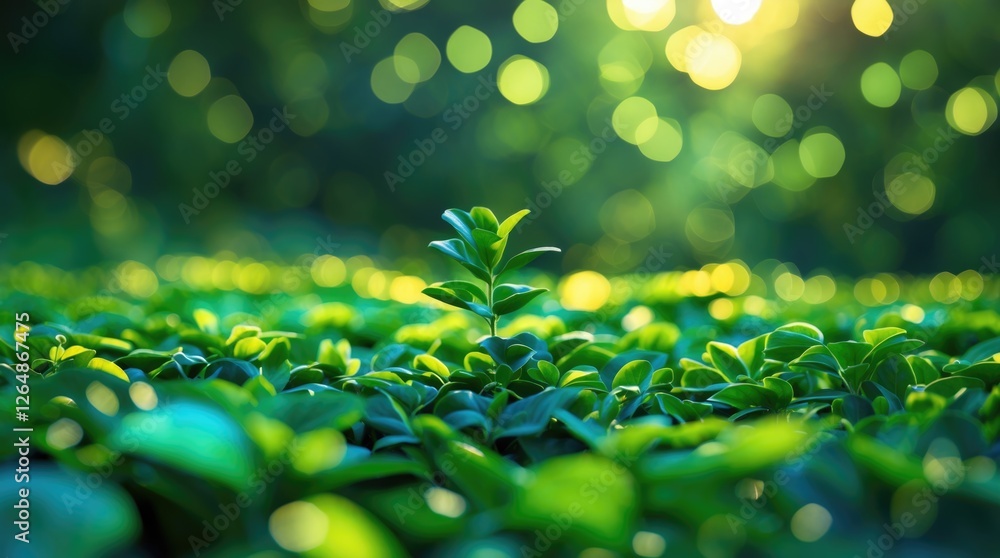 Poster close-up of green leaves with soft bokeh background highlighting a single sprout surrounded by lush 