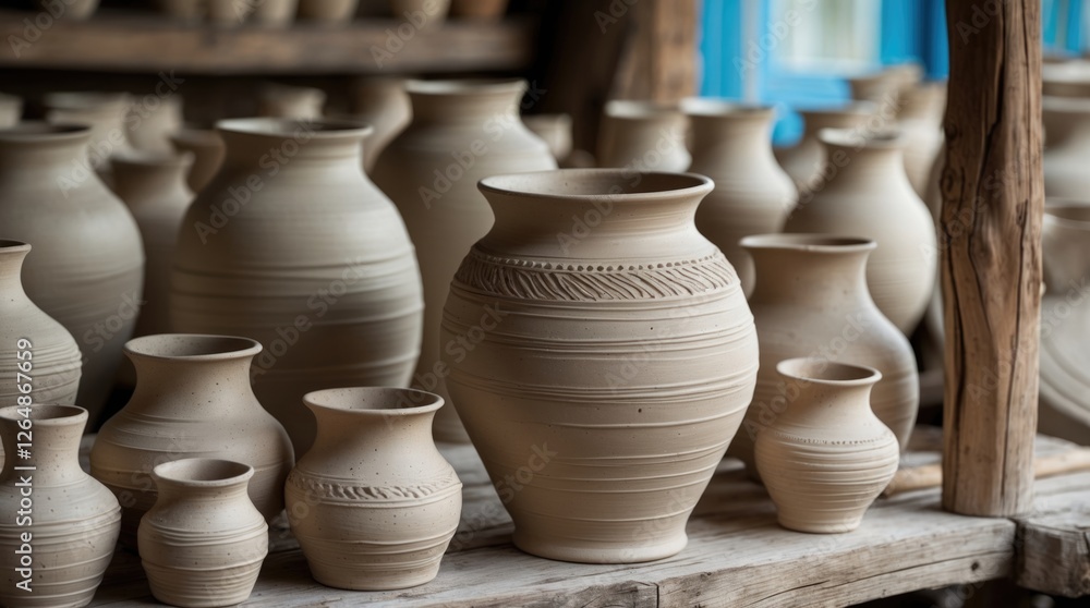 Poster clay pottery displayed on shelves in a workshop with various sizes and shapes of ceramic vessels and