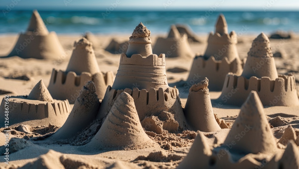 Aufkleber sandcastles on beach during daylight with ocean in background and clear blue sky creating tranquil s