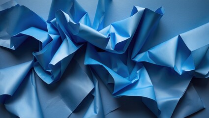 Fototapeta premium Crumpled blue paper texture background with soft shadows and layered folds suitable for creative projects Copy Space