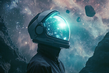 Astronaut gazes at a cosmic landscape filled with asteroids and a starry universe beyond