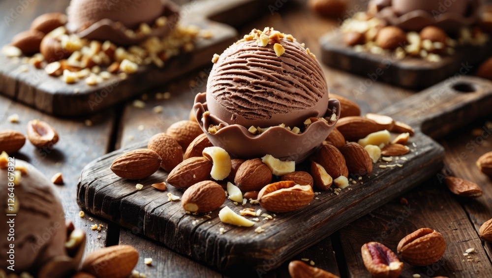 Poster chocolate ice cream scoop on wooden serving board with assorted nuts and almonds scattered on rustic