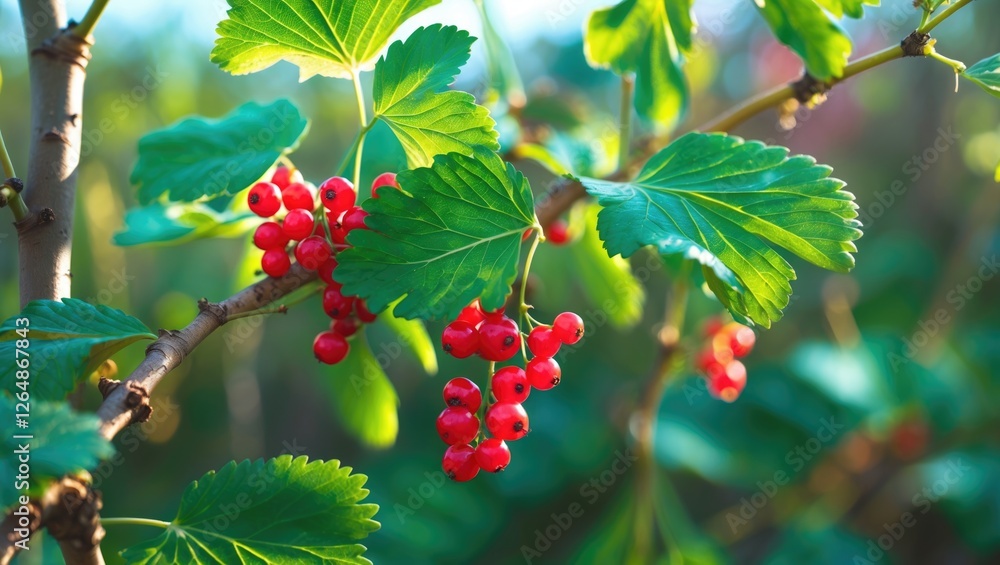 Poster red currants on a branch surrounded by green leaves in soft natural sunlight with blurred background