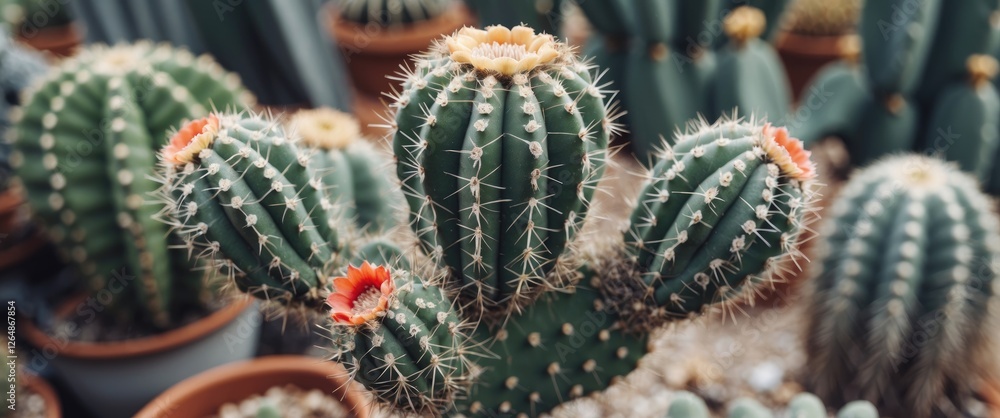Aufkleber close-up of vibrant cacti with red flowers in a potting environment showcasing spines and unique tex