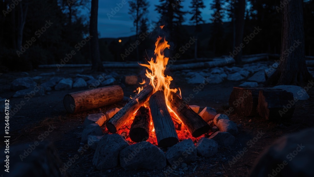 Poster campfire with flames and logs at twilight in a forest setting with stones surrounding the fire. copy