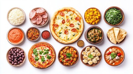 This vibrant display features an array of traditional Desi Indian dishes, beautifully arranged across a white surface, inviting viewers to explore the rich flavors and textures of Indian cuisine