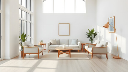 This modern living room boasts a bright interior with white furniture, offering a luxurious and comfortable home design