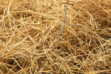 Sewing needle sticking from haystack, closeup view