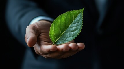 Close-Up of Businessman Hand Holding Fresh Green Leaf for Environmental Awareness or Sustainability Concept