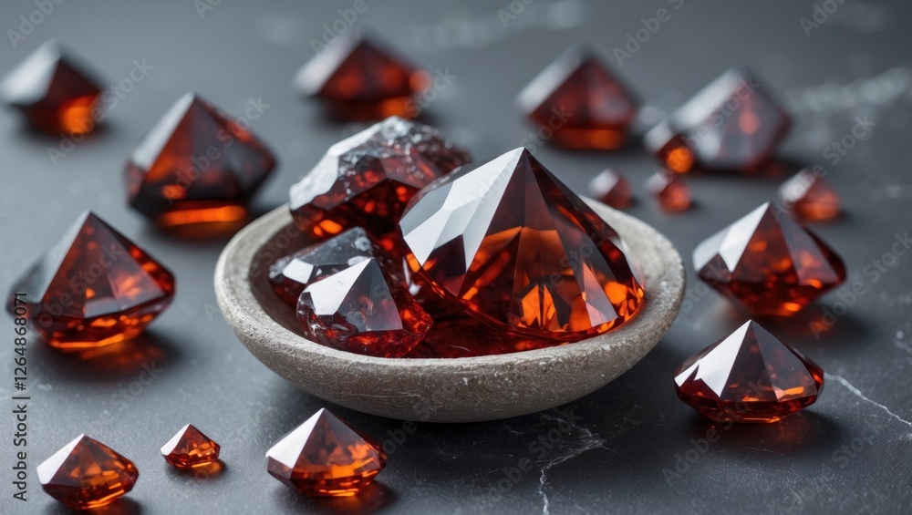 Poster sparkling red gemstones arranged in a rustic bowl on a dark stone surface with additional gems scatt
