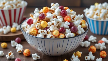 Colorful popcorn mix in striped bowls with scattered pieces on wooden table background, ideal for snacks and events, Copy Space