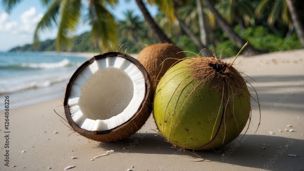 Poster coconuts on sandy beach with waves in background tropical setting copy space