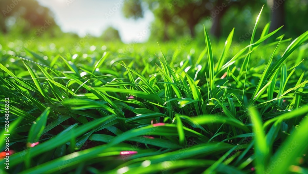 Poster close-up of dewy green grass in sunlight with vibrant greenery and blurred background of trees in a 