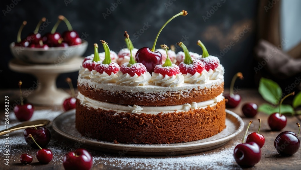 Poster chocolate layer cake decorated with raspberries and cherries on a rustic wooden table with cherries 