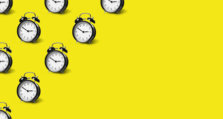 Black alarm clocks on yellow background, pattern. Banner design with space for text