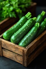 Fresh green zucchinis in rustic wooden crate with water droplets