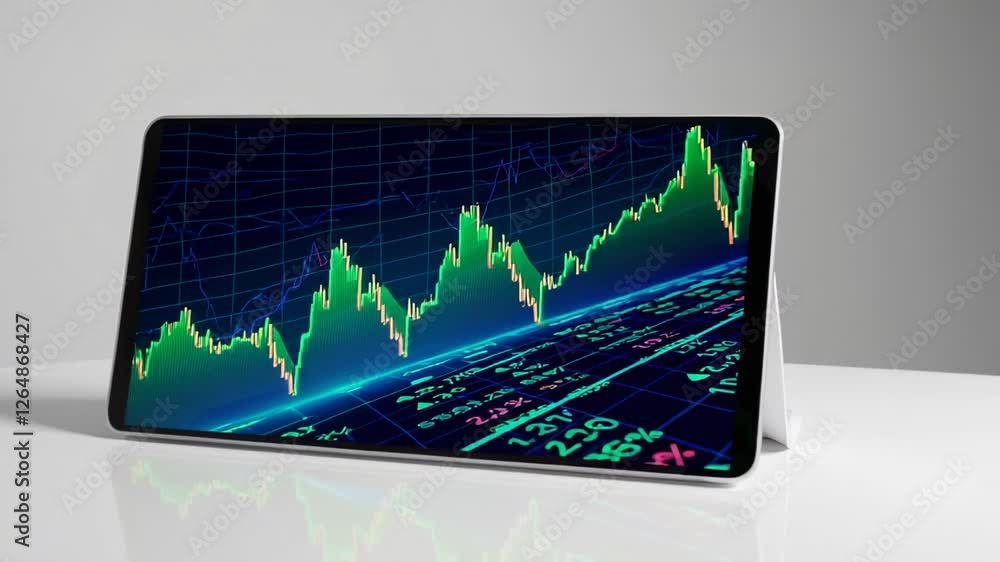 Poster financial professional analyzing stock market data on digital tablet screen, displaying investment i