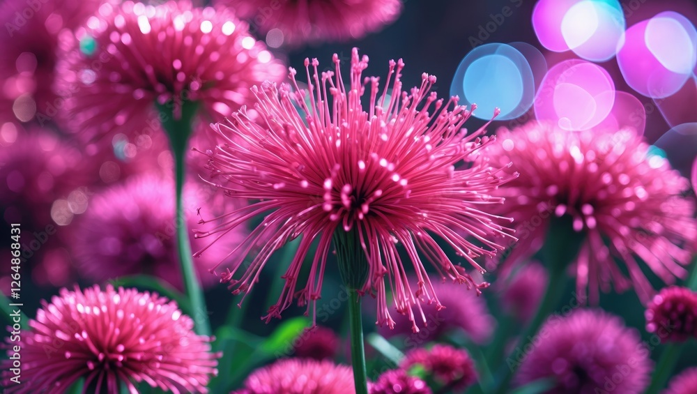 Aufkleber pink fluffy flowers with vibrant bokeh background in a natural setting with copy space for text plac