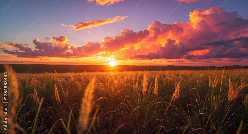 Poster sunset over a grassy field with vibrant clouds and warm colors in the sky with ample copy space for 