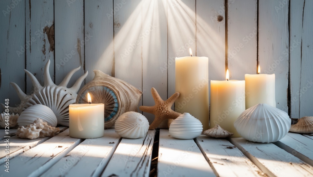 Poster candles and seashells arrangement on rustic wooden background with soft lighting and copy space