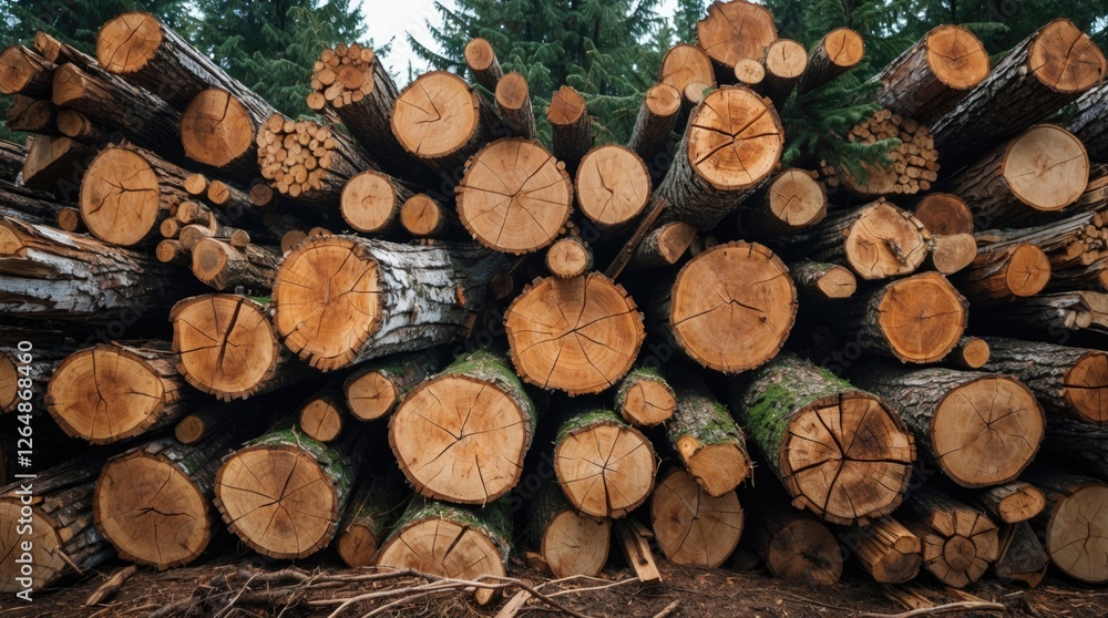 Poster stacked logs in a forestry setting showing cut ends and tree rings with a backdrop of evergreens and