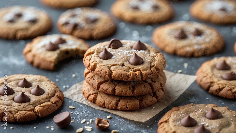 Aufkleber stack of chocolate chip cookies on parchment with scattered cookies in the background and a dusting 